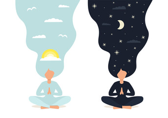 Day and night. Girl in yoga lotus practices meditation. Vector illustration in flat style. Young woman meditating	
