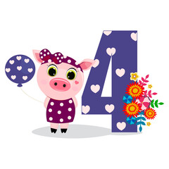 Number four and pig with balloon. Perfect for greeting cards, party invitations, posters, stickers, pin, scrapbooking, icons.