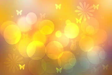 Obraz na płótnie Canvas Hello spring background. Abstract bright spring or summer landscape texture with natural yellow pink green bokeh lights with butterflies, sun flowers and sunshine. Beautiful backdrop for card.
