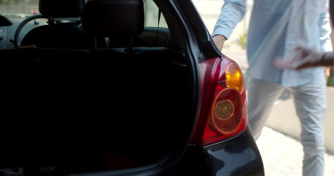 Young driver man service passenger female with comfortable taxi