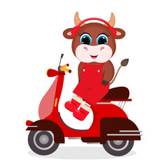 Beautiful vector illustration with cute little bull on motorbike. Perfect for greeting cards, party invitations, posters, stickers, pin, scrapbooking, icons.