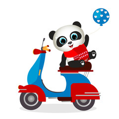 Beautiful vector illustration with cute little panda boy on motorbike. Perfect for greeting cards, party invitations, posters, stickers, pin, scrapbooking, icons.