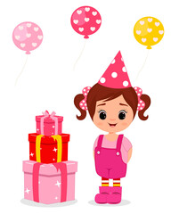 Birthday girl, balloons. Isolated over white. Happy child with gifts. Vector art. Perfect for greeting cards, party invitations, posters, stickers, pin, scrapbooking, icons.