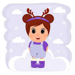 Greeting card Cute Cartoon girl  on a cloud . Perfect for greeting cards, party invitations, posters, stickers, pin, scrapbooking, icons. Vector illustration.