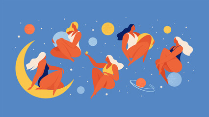 Fototapeta na wymiar Set of people flying in space vector flat illustration. Collection of wom n holding planet with dream universe. Concept in flat graphic. Vector Illustration.