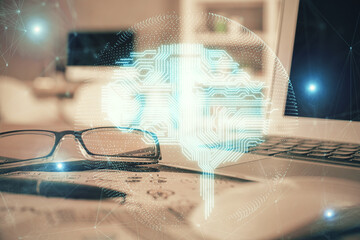 Brain drawings with glasses on the table background. Double exposure.