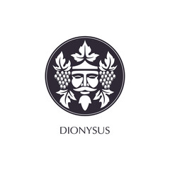 Man face logo with grape berries and leaves. Bacchus or Dionysus. Antique style for winemakers or wines. Vector illustration
