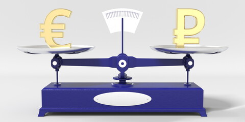 Euro symbol weighs the same as Ruble sign on balance scales. Financial market conceptual 3d rendering