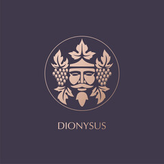 Man face logo with grape berries and leaves. Bacchus or Dionysus. Antique style for winemakers or wines. Vector illustration