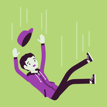 Falling down unsuccessful young man, making mistake, failure. Guy in unfortunate incident, not achieving life goal, failed in work, study, losing support. Vector creative stylized illustration