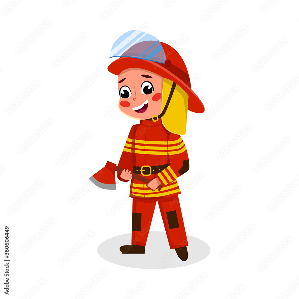 Poster cute boy firefighter character in uniform with axe in his hands, kids hobby or future profession con