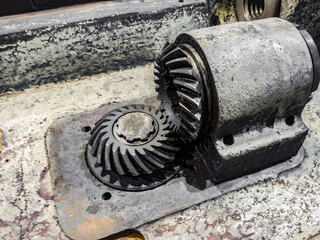 Disassembled worm gear of the reducer. Repair shop at the enterprise.