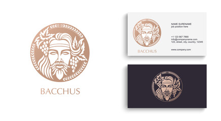 Man face logo with grape berries and leaves. Bacchus or Dionysus. A style for winemakers or brewers.