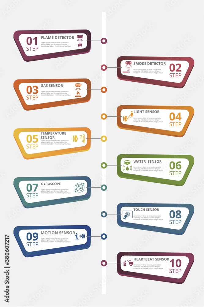 Poster infographic sensor template. icons in different colors. include water quality sensor, flame detector