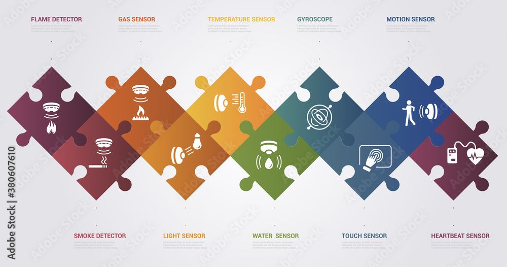 Poster infographic sensor template. icons in different colors. include water quality sensor, flame detector