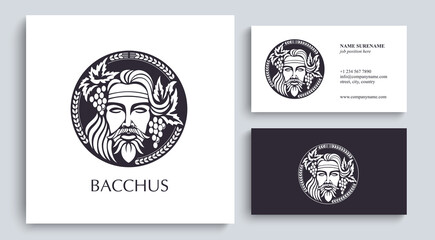Man face logo with grape berries and leaves. Bacchus or Dionysus. A style for winemakers or brewers.