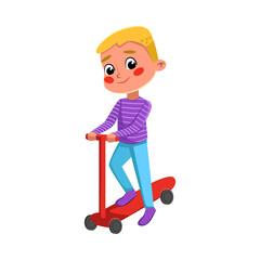Cute Boy Riding Kick Scooter, Summer Outdoor Activities Cartoon Style Vector Illustration