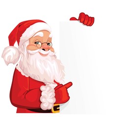 Cheerful Santa Claus, smiling cartoon character, Christmas holiday, on background with a banner. vector illustration