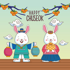 Obraz na płótnie Canvas happy chuseok celebration with rabbits couple and tree branches