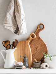 Set of dishes and kitchen utensils background, home kitchen decor concept, front view, Copy space