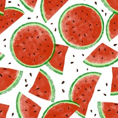 Fresh green red watermelon seamless surface pattern hand drawn in digital watercolor. Isolated on white. Whole, half, slice cut, seeds