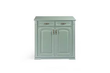 tage chest of drawers in classic style with carved elements mint color on a white background