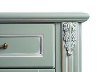 tage chest of drawers in classic style with carved elements mint color on a white background