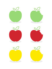 Set: apple icons. Green, red and yellow bright colors. Whole apples and bitten. Vector illustration, flat and minimal style.
