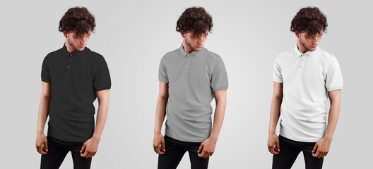 Mockup of a white, gray, black polo t-shirt on a guy in black jeans, with his head down, for presentation of design and pattern, front view.