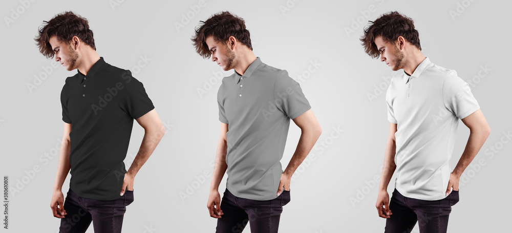Wall mural White, gray, black polo template on young guy in jeans, with hand in pocket, fashionable blank t-shirt isolated on background. - Wall murals