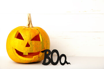 Halloween Pumpkin with decoration. Scary Jack on white background with copy space