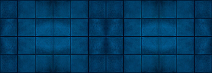 Seamless dark grunge blue square mosaic concrete cement stone wall tiles pattern texture wide background banner