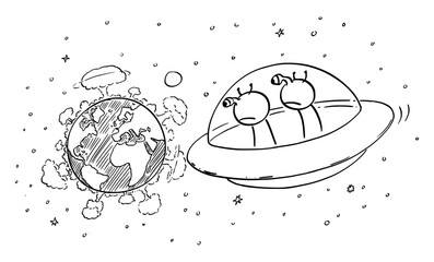 Vector cartoon stick figure drawing conceptual illustration of two funny aliens in UFO or flying saucer watching planet Earth from space, nuclear war explosion on the surface, destruction of mankind.