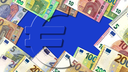 frame of euro banknotes with euro symbol in transparency on blue background