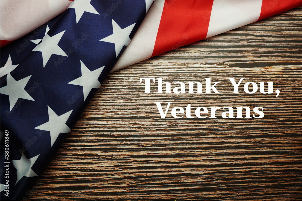 Wall mural thank you, veterans text messege and usa flag. american holiday background