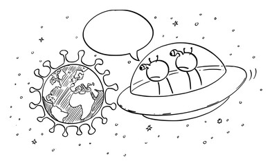 Vector cartoon stick figure drawing conceptual illustration of two funny aliens in UFO or flying saucer watching planet Earth from space. Commenting the coronavirus covid-191 pandemic. Comic strip.