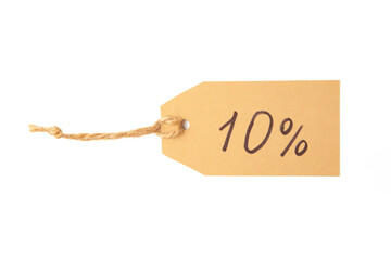 Blank price tag isolated on white background. 10 percent discount