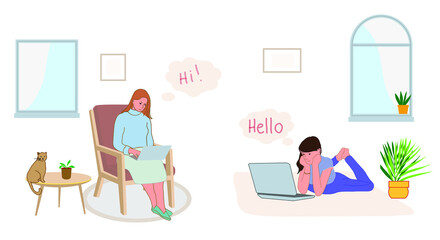 Collection of dreamy people isolated on white. Smiling thoughtful young women working and relaxing at home.