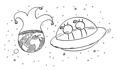 Vector cartoon stick figure drawing conceptual illustration of two funny aliens in UFO or flying saucer watching planet Earth from space. human or mankind madness or foolishness. Comic strip.