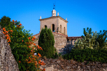 The flowers appear on the wall in front of the tower of a palace. Trujillo, Cáceres, Spain