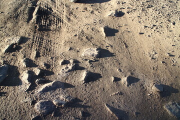 stones on the ground near the road lit by the sun