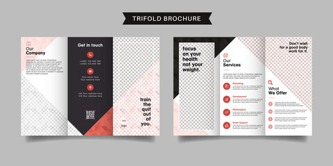 Fitness or gym business trifold brochure template. Modern, Creative and Professional tri fold brochure vector design. Simple and minimalist promotion layout with red color.