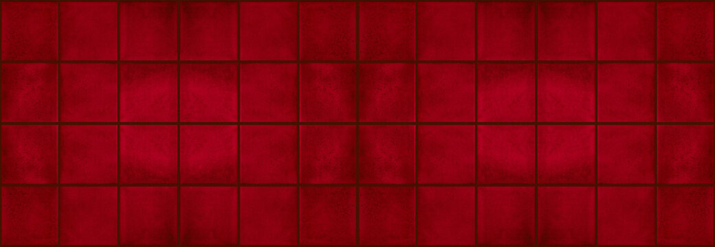 Seamless dark grunge red square mosaic concrete cement stone wall tiles pattern texture wide background banner