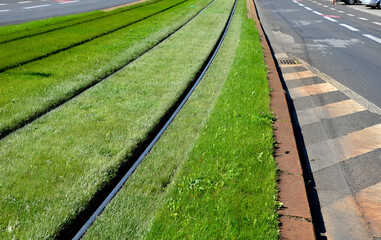 
grassing of train tracks between tram tracks in the city. part of it is automatic irrigation with...