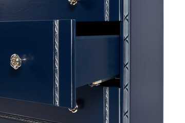 vintage chest of drawers in classic style with carved elements Navy and silver  color on a white back