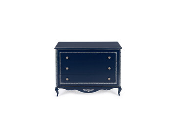 vintage chest of drawers in classic style with carved elements Navy and silver  color on a white back