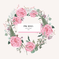 Pink rose flowers wreath. Wedding Invitation card, save the date, thank you, rsvp card Design template. Eucalyptus leaves, garden flowers.	