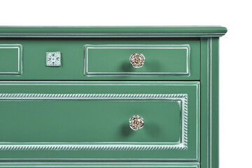 vintage chest of drawers in classic style with carved elements green color on a white back