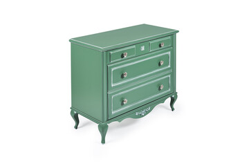 vintage chest of drawers in classic style with carved elements green color on a white back