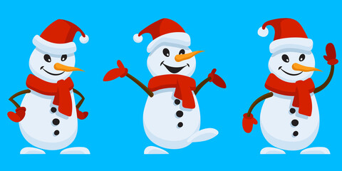 Snowman in different poses. Christmas character in cartoon style.